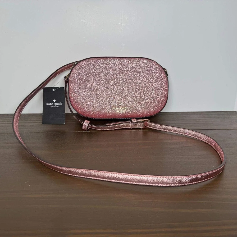 Kate Spade Crossbody Bag Glimmer Pink Glitter Oval Camera Bag Small NWT